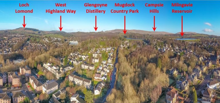 Milngavie on the edge of countryside with access to so many beauty spots & connected to other parts of Scotland by road & rail