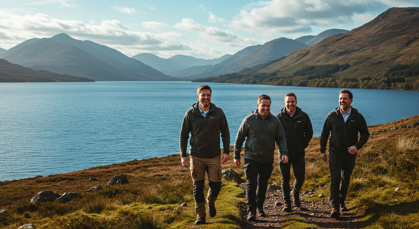 Group of men hiking near Loch Lomond during stag weekend getaway