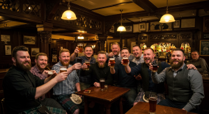 Men celebrating stag weekend in a cosy pub near Loch Lomond